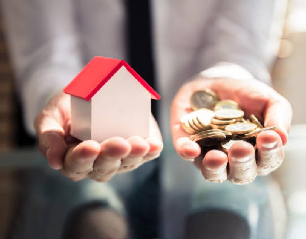 Close-up Of A Businessperson's Hand Holding House Model And Golden Coins